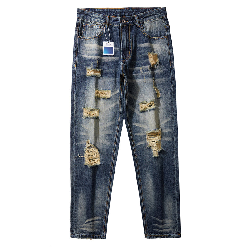 Jean décontracté ample à jambe droite pour homme grande taille, jean déchiré 