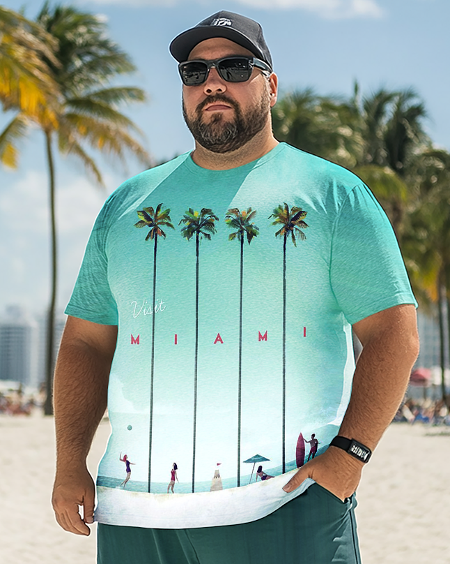 Men's Miami Palm Beach Plus Size T-Shirt Set, Men's Casual Suit