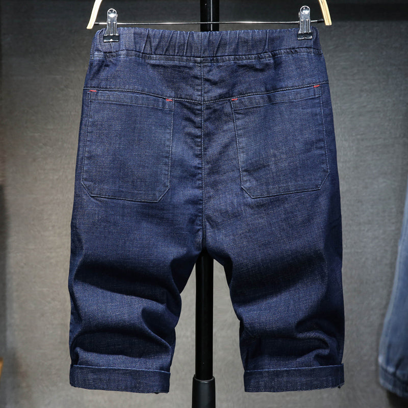 Short en jean à taille élastique et cordon de serrage pour homme, short slim, jean au genou, grande taille 